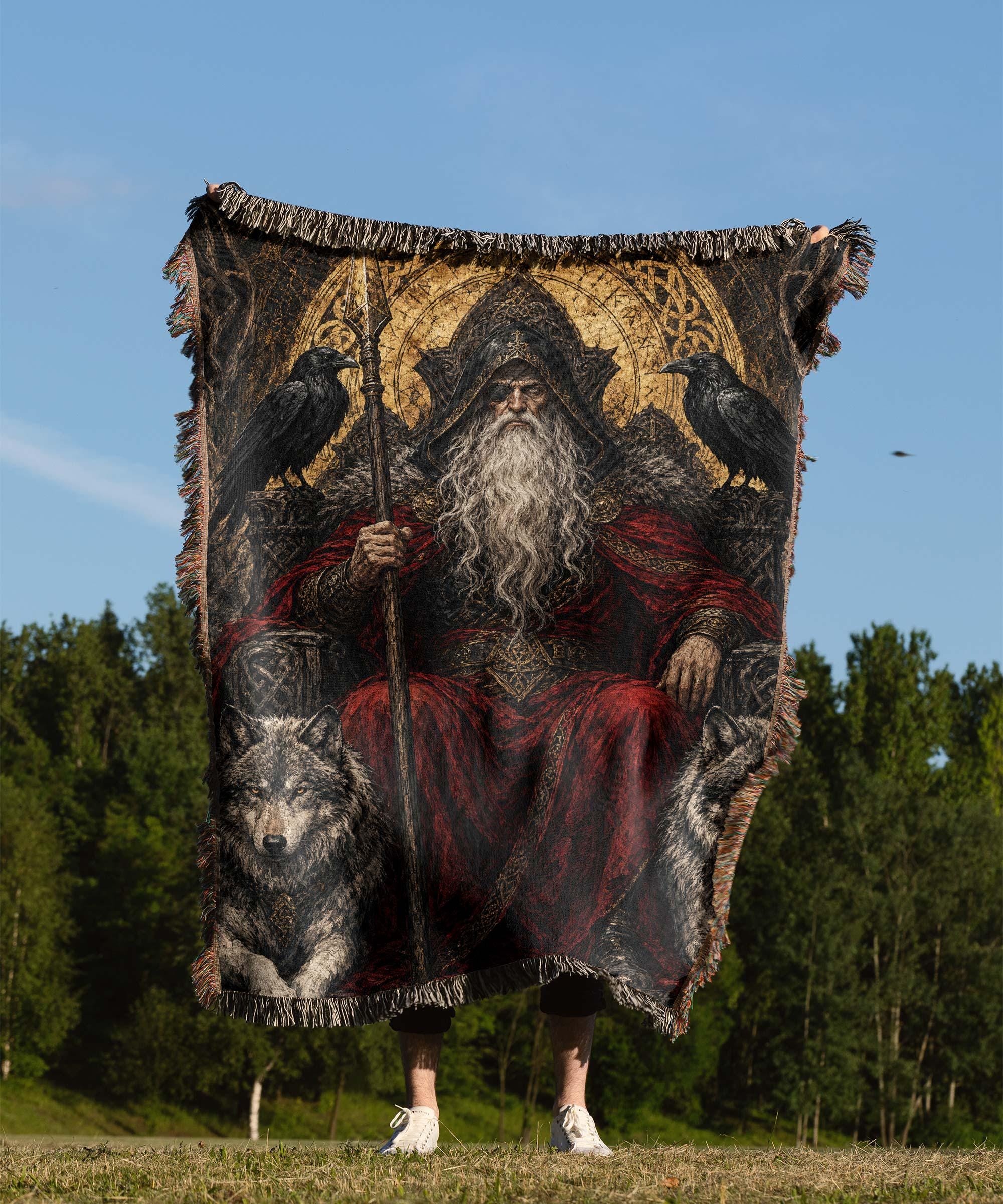 Viking Odin Blanket - Dark Fantasy Odin Woven Blanket, Norse God Viking Wall Art, Gothic Man Cave
