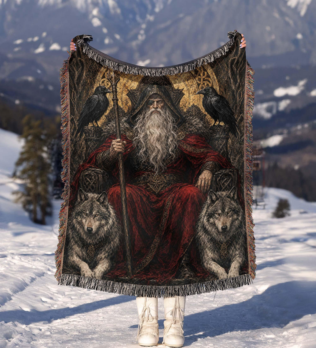 Viking Odin Blanket - Dark Fantasy Odin Woven Blanket, Norse God Viking Wall Art, Gothic Man Cave