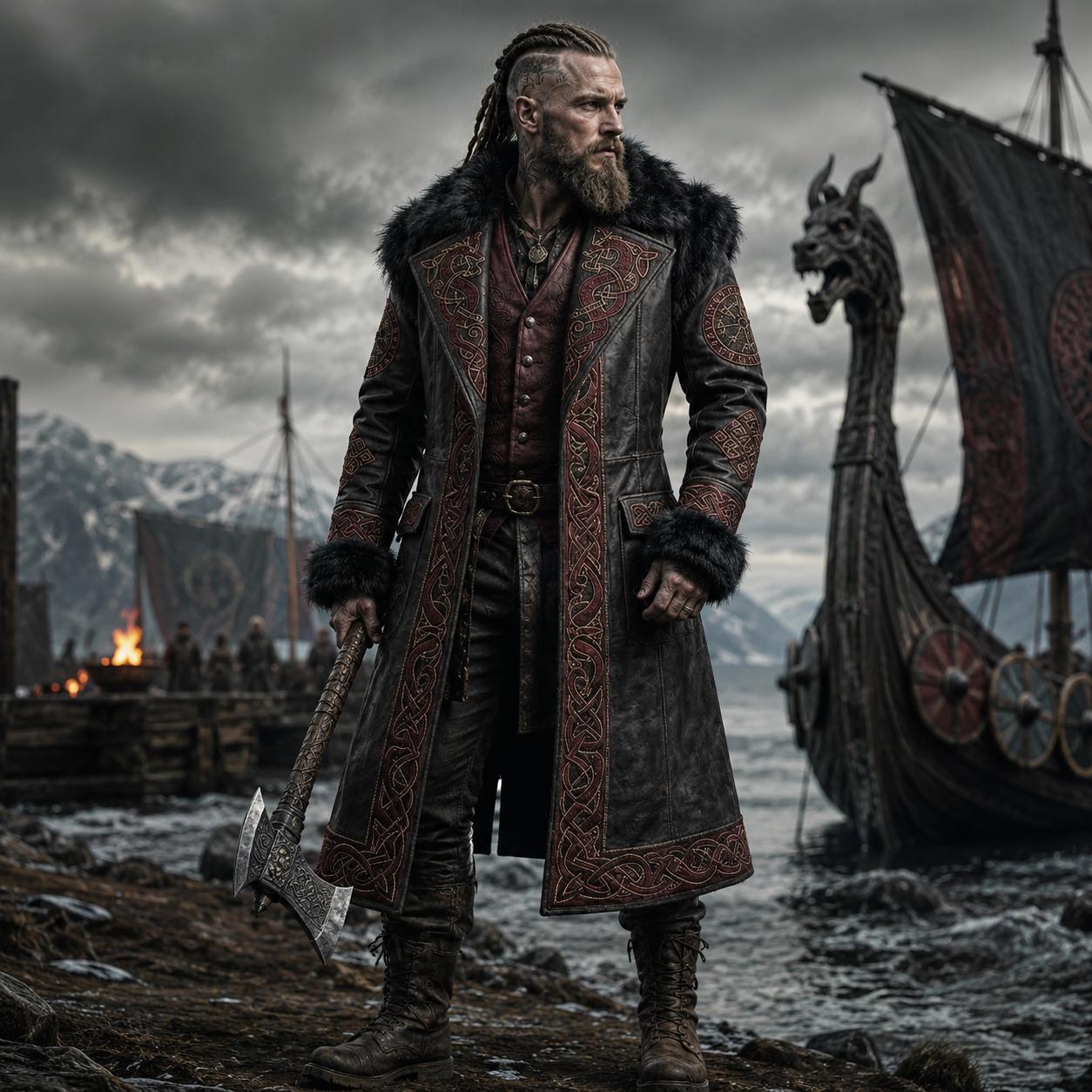 Viking Jacket - Viking Fur Leather Coat for Men, Norse Warrior Long Jacket, Medieval Fantasy