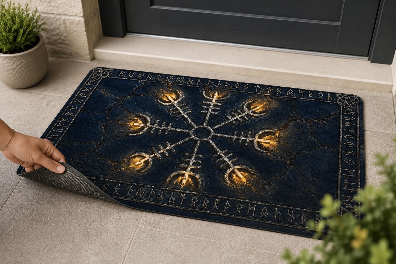 Viking Odin Rug - Huginn Muninn Doormat, Odin Ravens Welcome Mat, Norse Vegvisir Decor, Viking