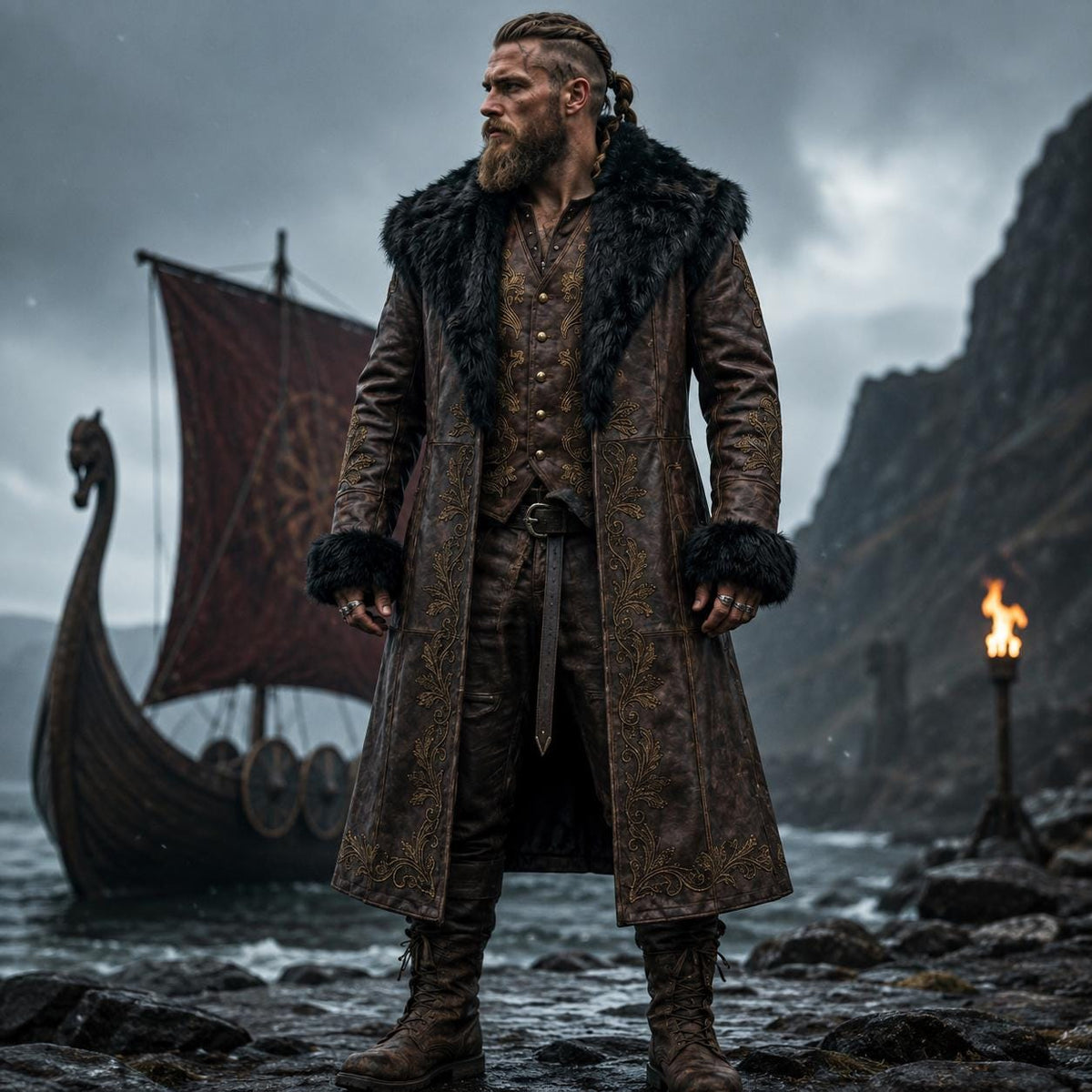 Viking Jacket - Viking Fur Leather Coat for Men, Norse Warrior Long Jacket, Medieval Fantasy