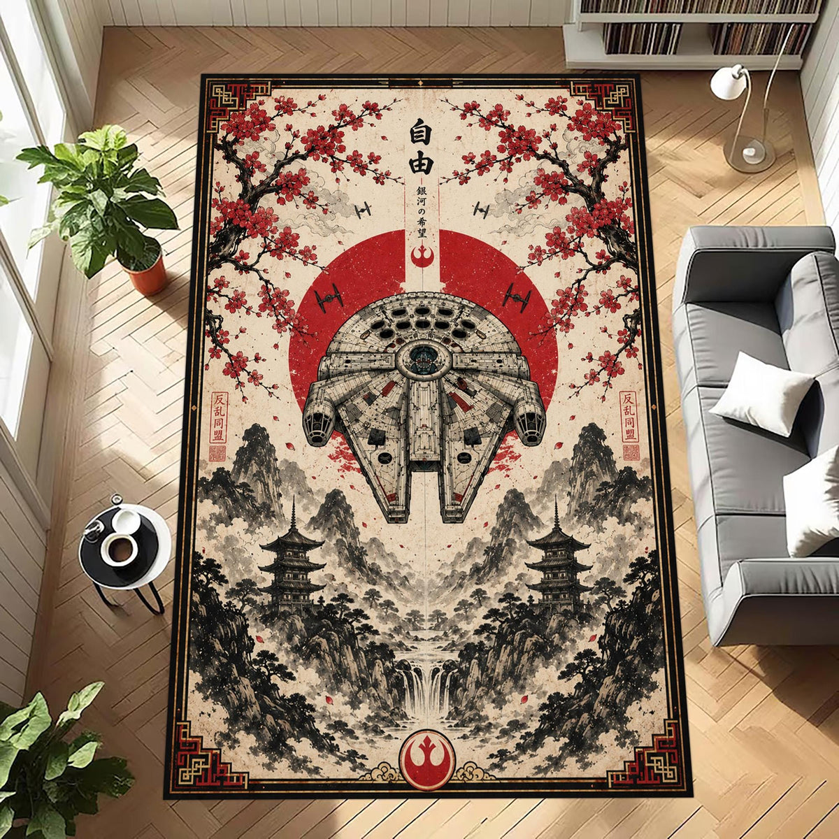 Viking Rune Rug - Norse Viking Rug: Red Black Longship Eagle Carpet, Nordic Rune Pattern, Mythology