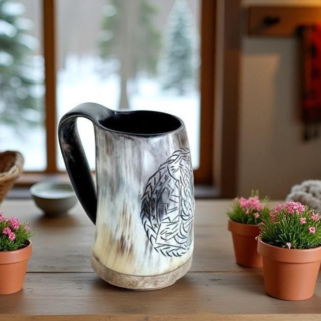 Viking Mug - Handmade Viking Horn Mug, Authentic Natural Ox Horn Tankard, 8 oz Drinking Mug for