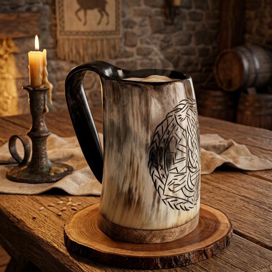 Viking Mug - Handmade Viking Horn Mug, Authentic Natural Ox Horn Tankard, 8 oz Drinking Mug for