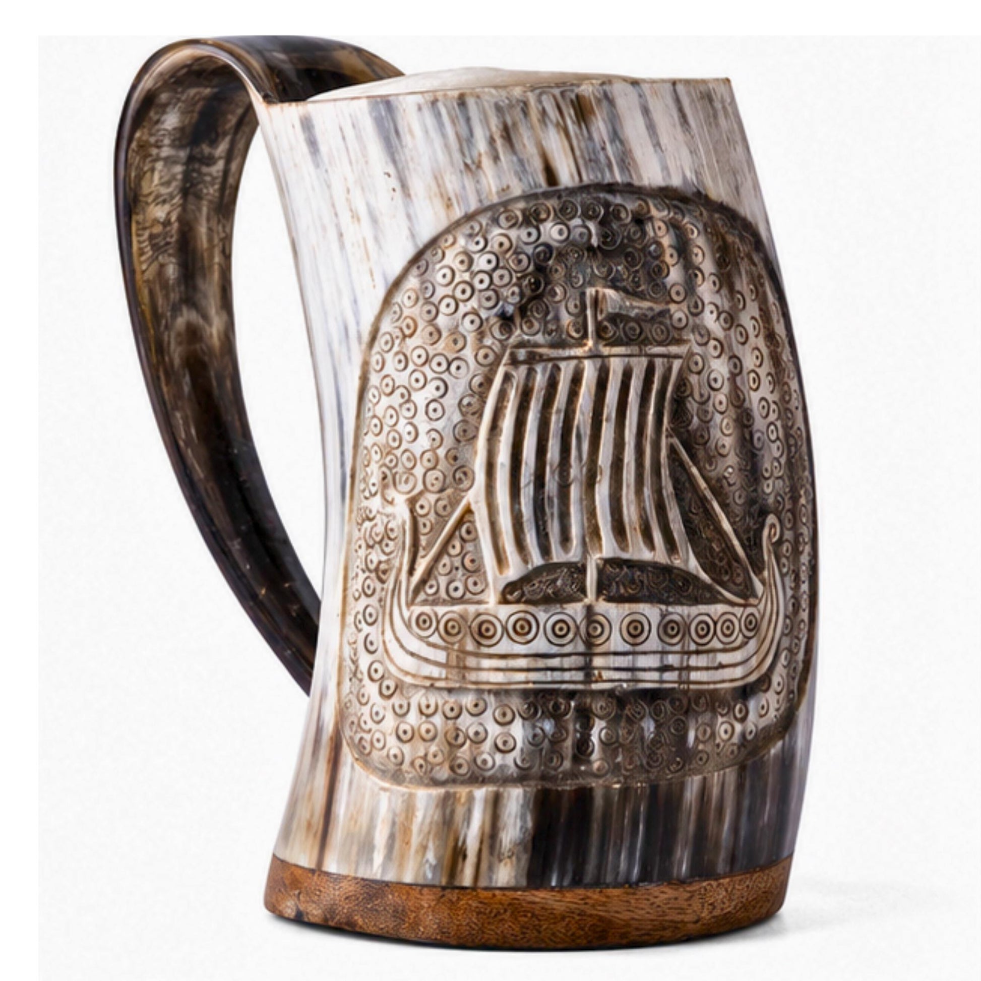Viking Longship Mug - Personalized Viking Longship Horn Mug, Custom Engraved Wooden Base, Genuine