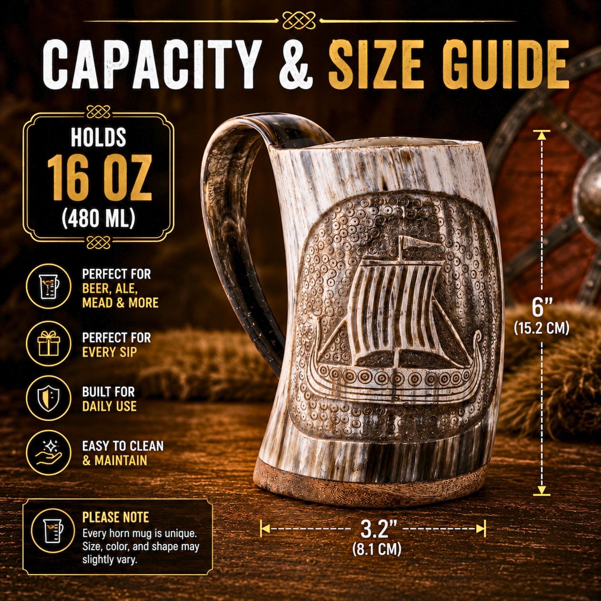 Viking Longship Mug - Personalized Viking Longship Horn Mug, Custom Engraved Wooden Base, Genuine