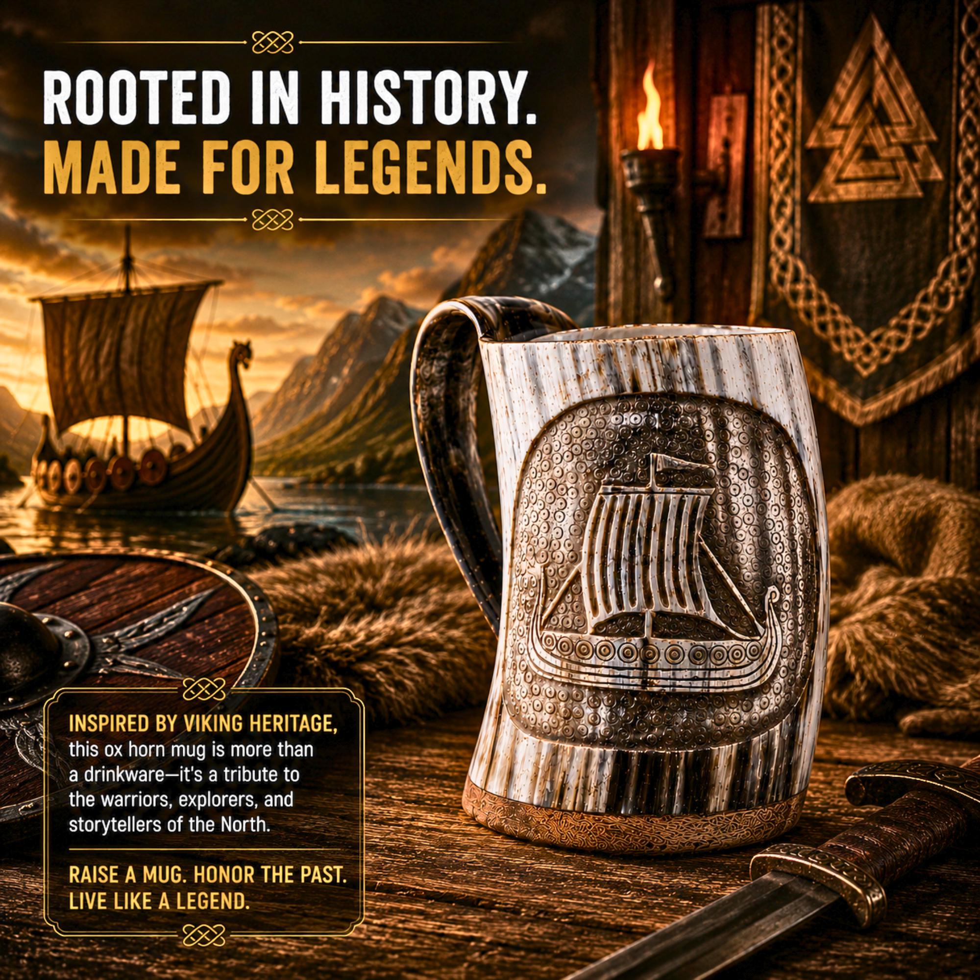 Viking Longship Mug - Personalized Viking Longship Horn Mug, Custom Engraved Wooden Base, Genuine