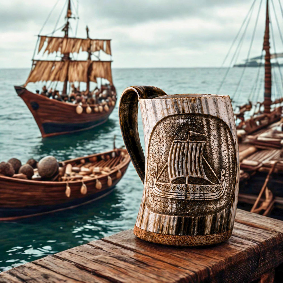 Viking Longship Mug - Personalized Viking Longship Horn Mug, Custom Engraved Wooden Base, Genuine