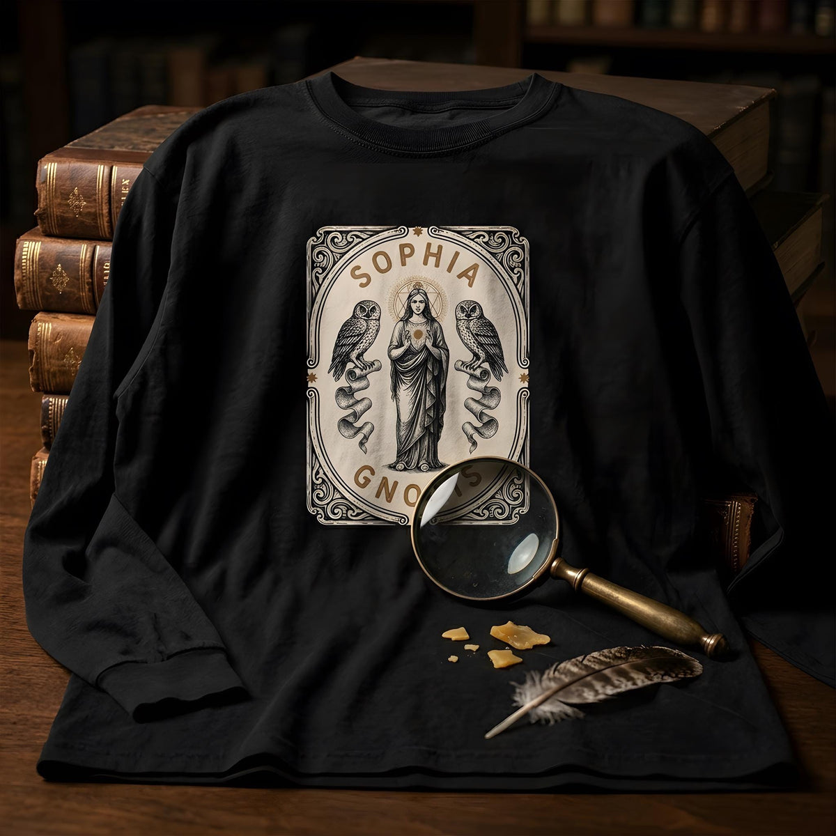 Viking Wolf T-Shirt - Norse Mythology Runes Fenrir Wolf Long Sleeve Shirt, Garment-Dyed Cotton