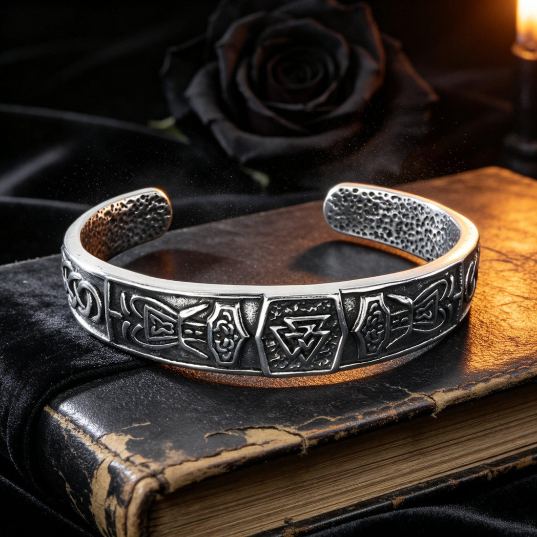 Viking Bracelet - Vintage Titanium-Steel Silver Viking-Celtic Triangle Symbol Open-Ended Bracelet /