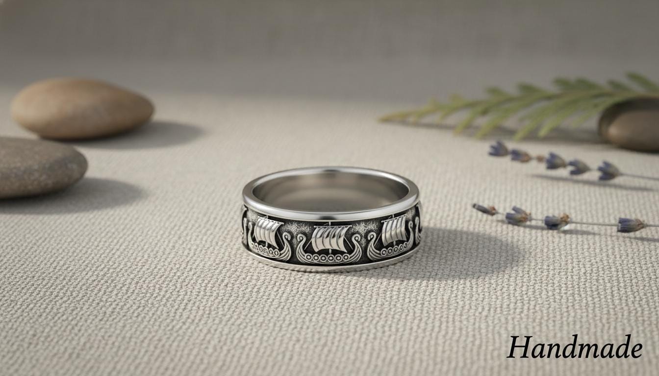 Viking Longship Ring, Oxidized Sterling Silver Band, Ocean Wave Jewelry
