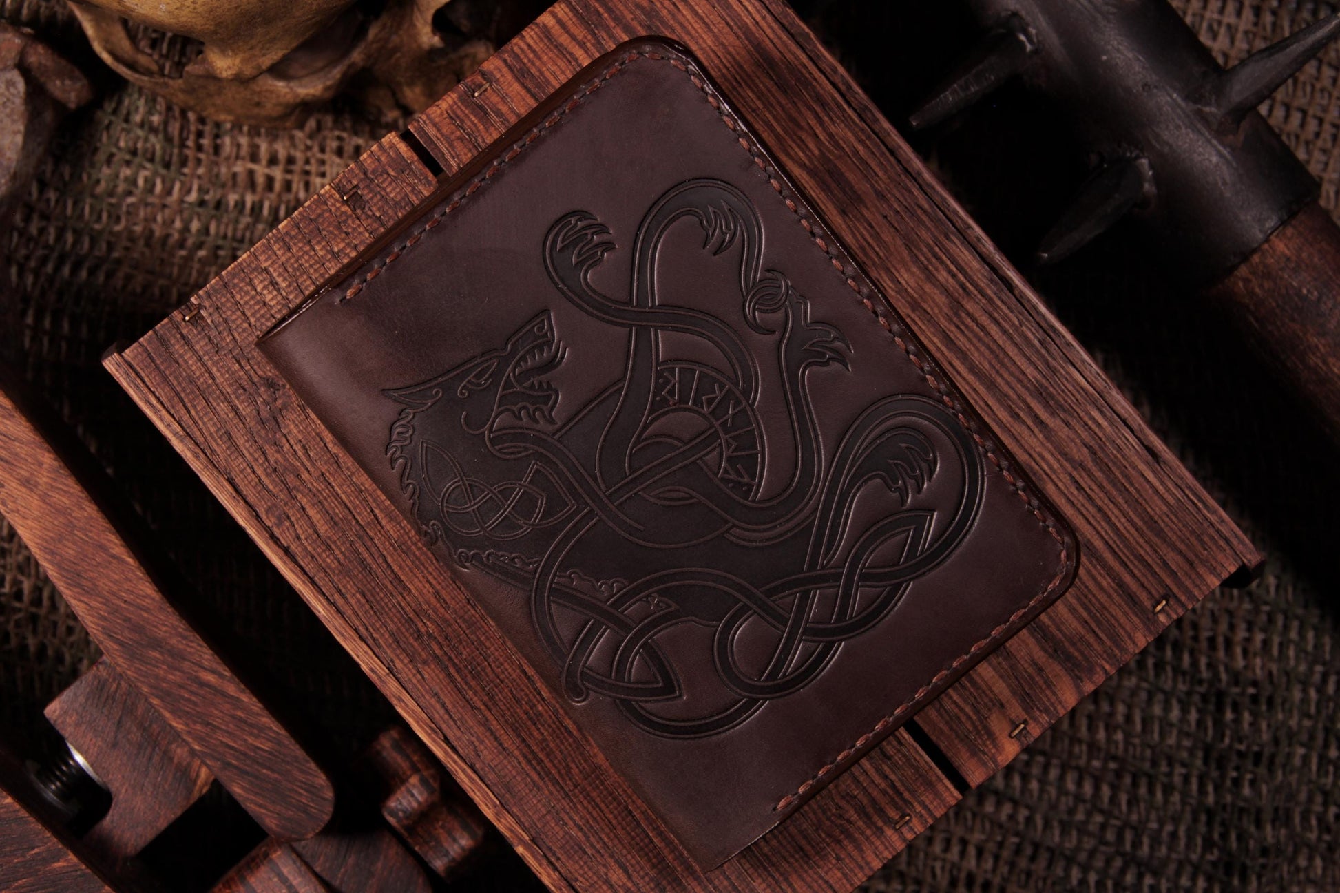 Viking Wolf Leather Accessory - Fenrir Leather Passport Cover: Personalized Viking Gift