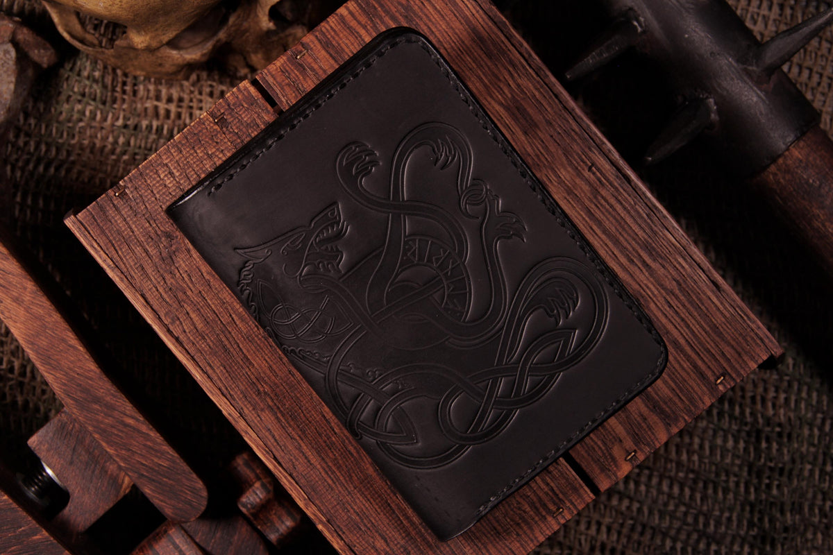 Viking Wolf Leather Accessory - Fenrir Leather Passport Cover: Personalized Viking Gift