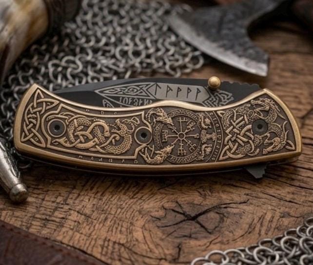 Viking Weapon Replica - Engraved Viking Folding Tool, Norse Mythology Pocket Accessory, Celtic