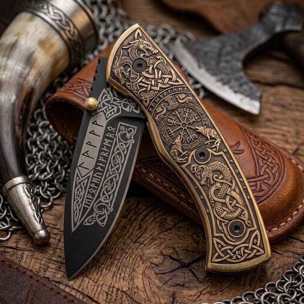 Viking Weapon Replica - Engraved Viking Folding Tool, Norse Mythology Pocket Accessory, Celtic