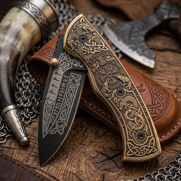 Viking Weapon Replica - Engraved Viking Folding Tool, Norse Mythology Pocket Accessory, Celtic