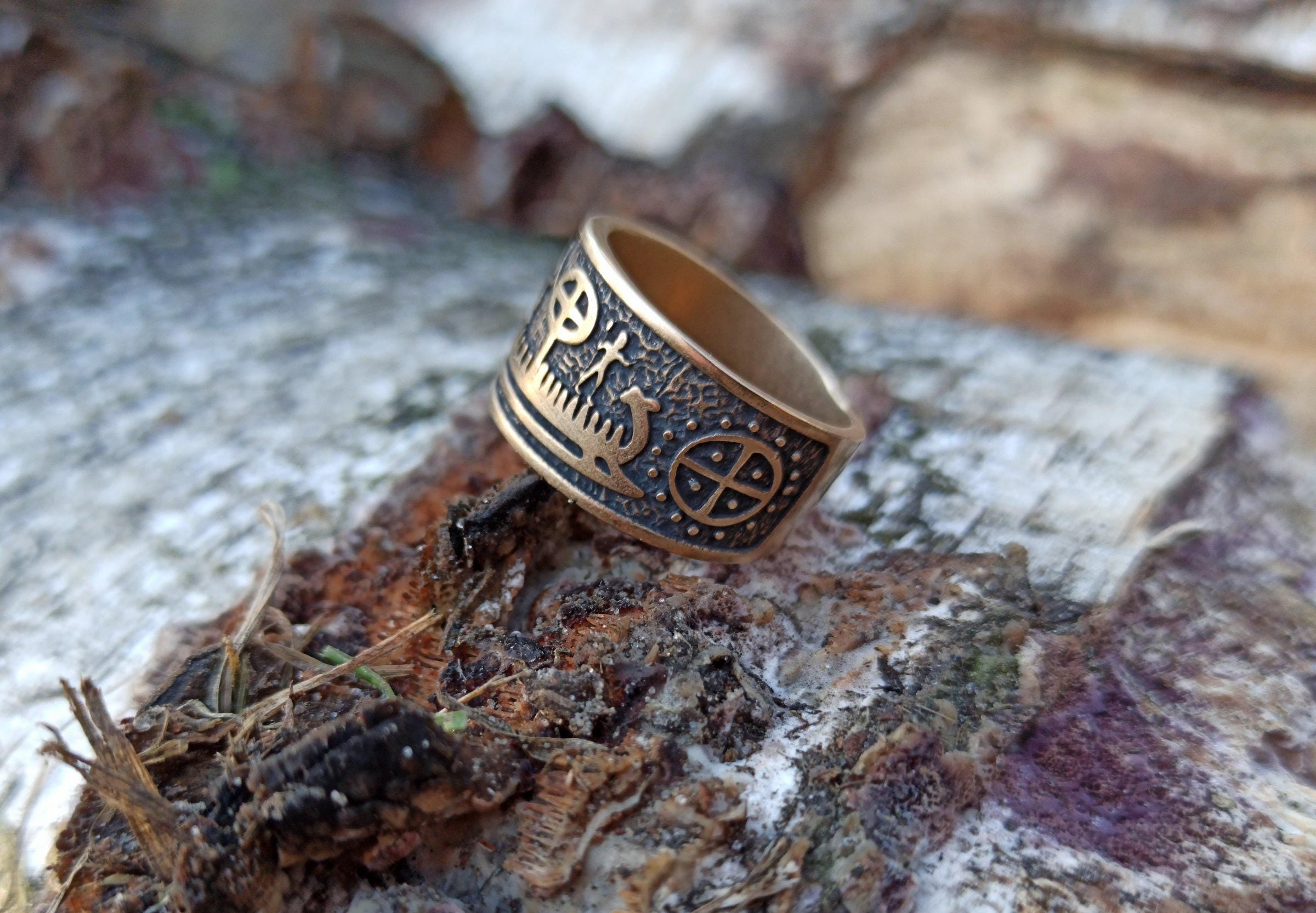 Viking Ring - Viking ship wide band ring Petroglyph Nordic ring Norse pagan Ancient jewelry
