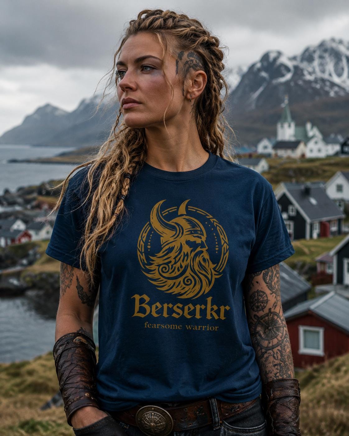 Viking T-Shirt - Berserker Skull Viking Helmet No Mercy T-shirt, Norse Warrior Design