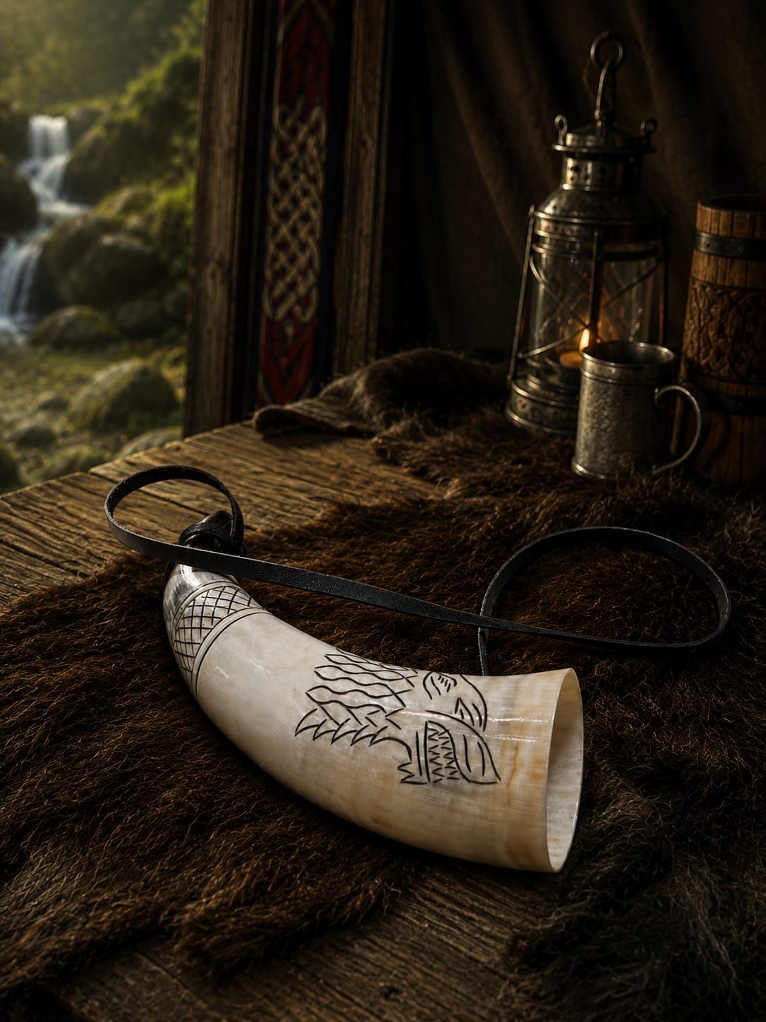 Viking Wolf Weapon Replica - Norse Viking War Horn, Handmade Engraved Wolf Ox Horn, Leather Strap