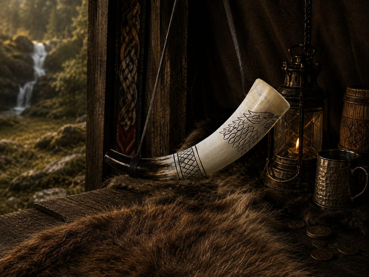 Viking Wolf Weapon Replica - Norse Viking War Horn, Handmade Engraved Wolf Ox Horn, Leather Strap