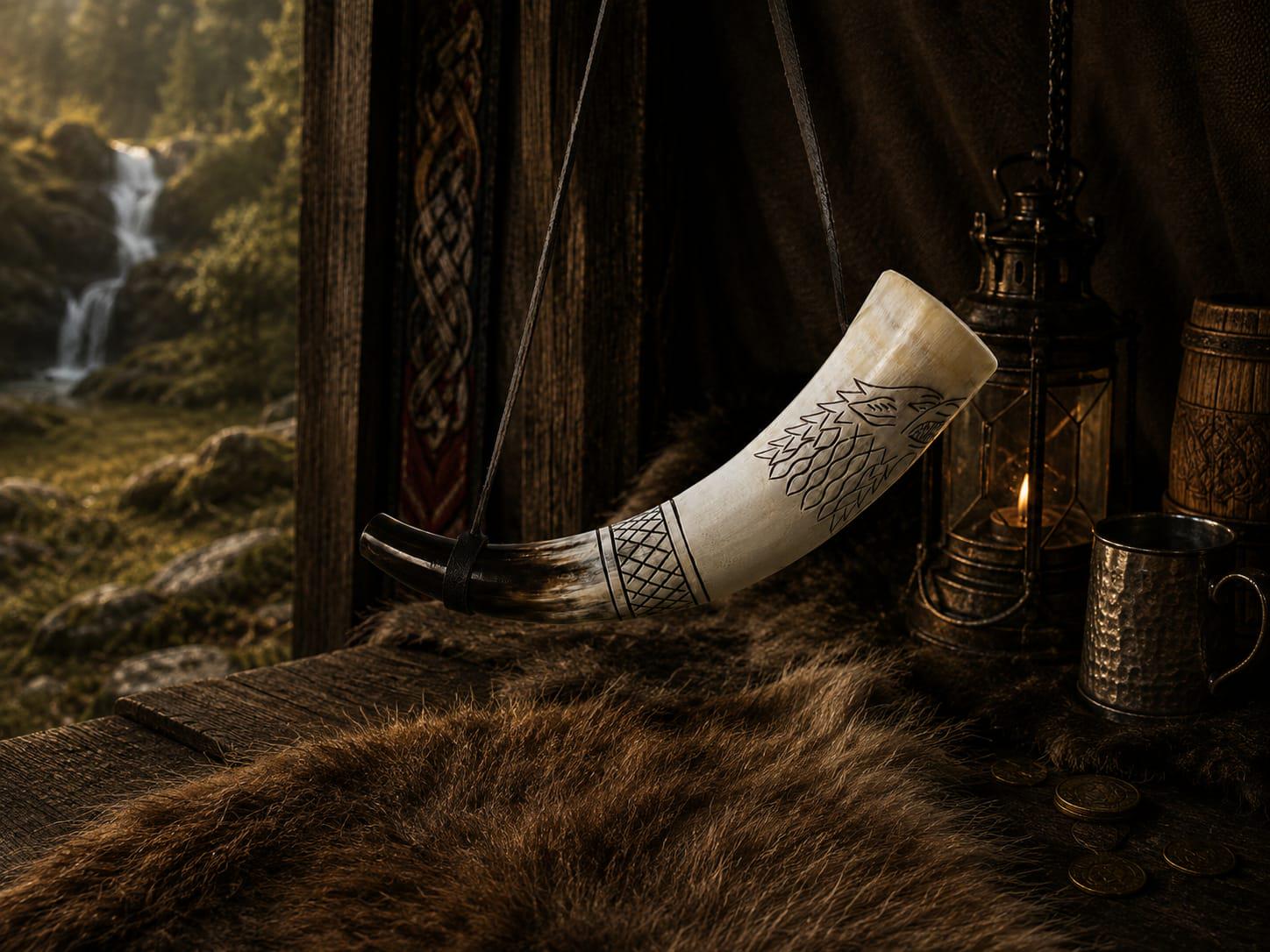 Viking Wolf Weapon Replica - Norse Viking War Horn, Handmade Engraved Wolf Ox Horn, Leather Strap