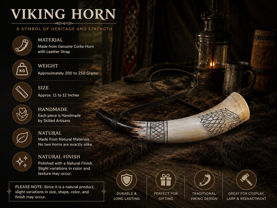 Viking Wolf Weapon Replica - Norse Viking War Horn, Handmade Engraved Wolf Ox Horn, Leather Strap