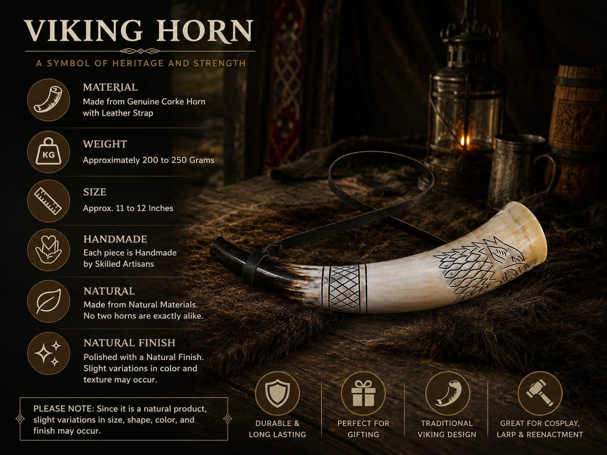 Viking Wolf Weapon Replica - Norse Viking War Horn, Handmade Engraved Wolf Ox Horn, Leather Strap