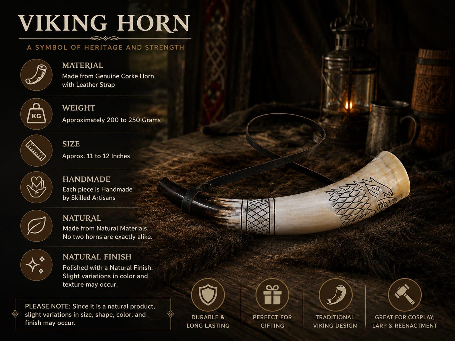 Viking Wolf Weapon Replica - Norse Viking War Horn, Handmade Engraved Wolf Ox Horn, Leather Strap