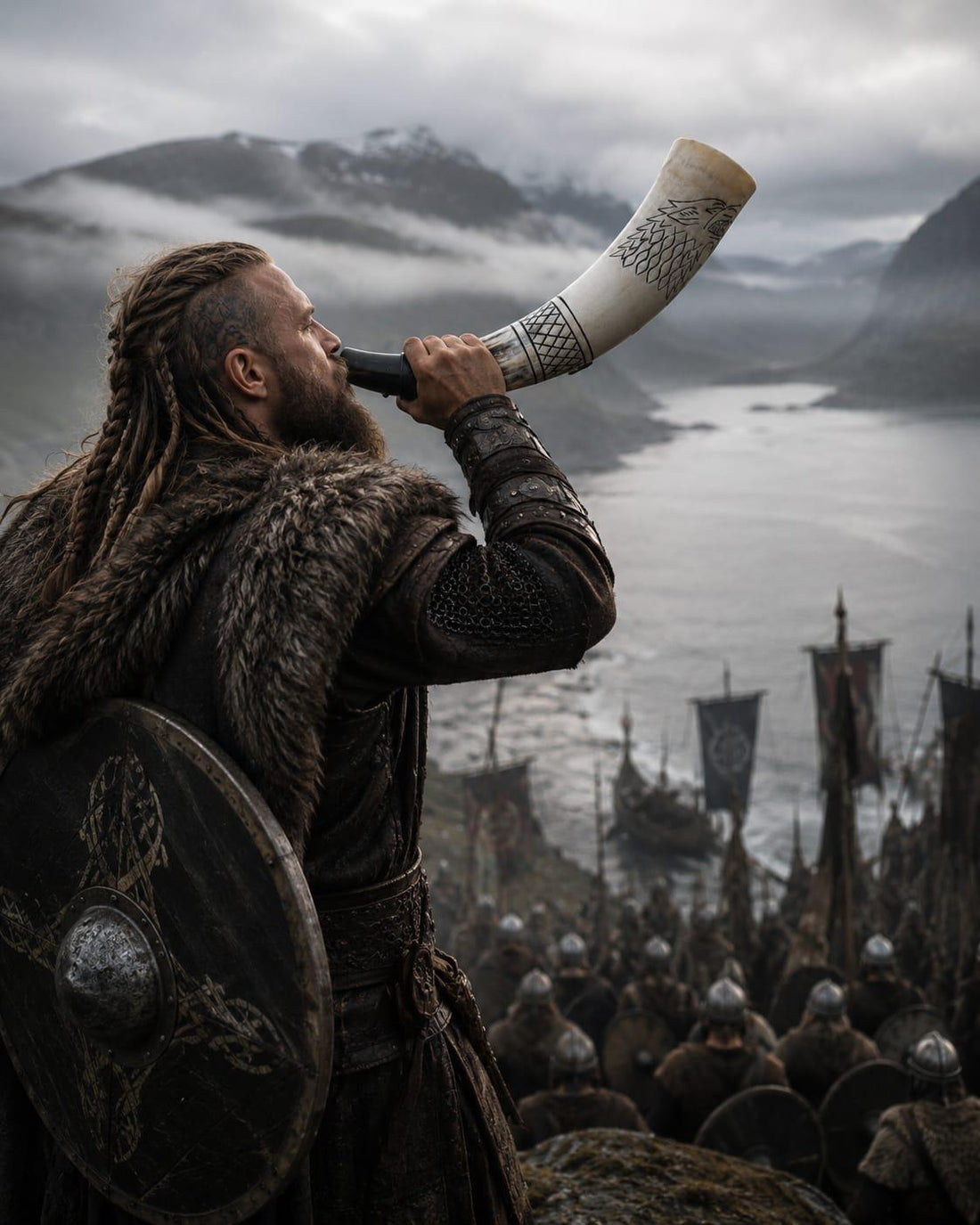 Viking Wolf Weapon Replica - Norse Viking War Horn, Handmade Engraved Wolf Ox Horn, Leather Strap