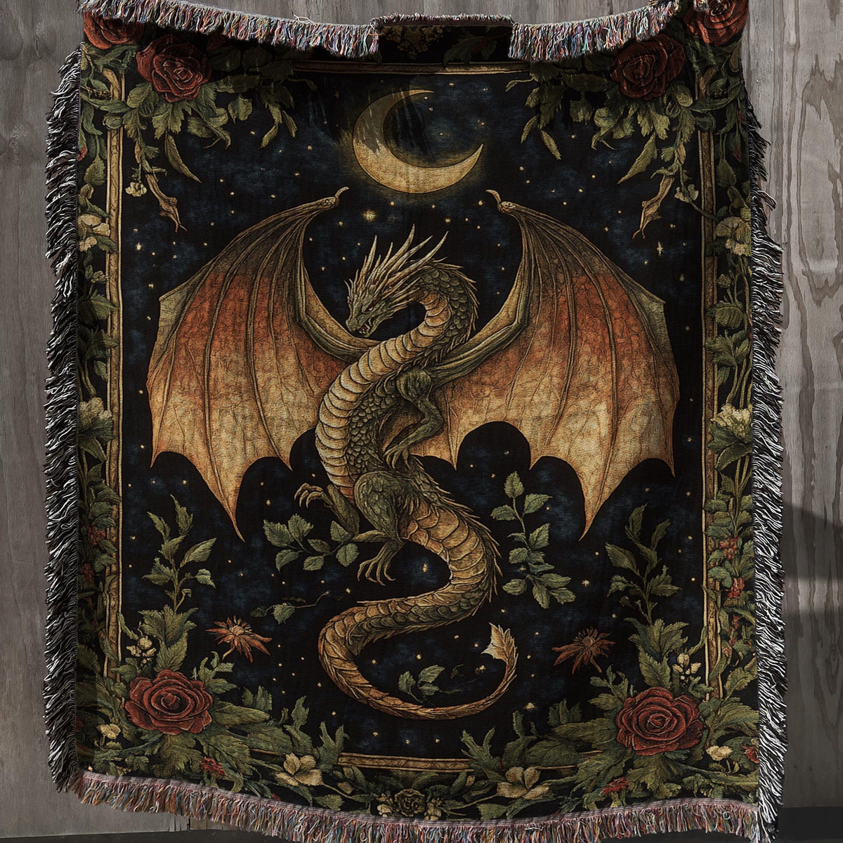 Viking Blanket - Viking Nordic Dragon Woven Cotton Throw Blanket, Fringed Tapestry Decor