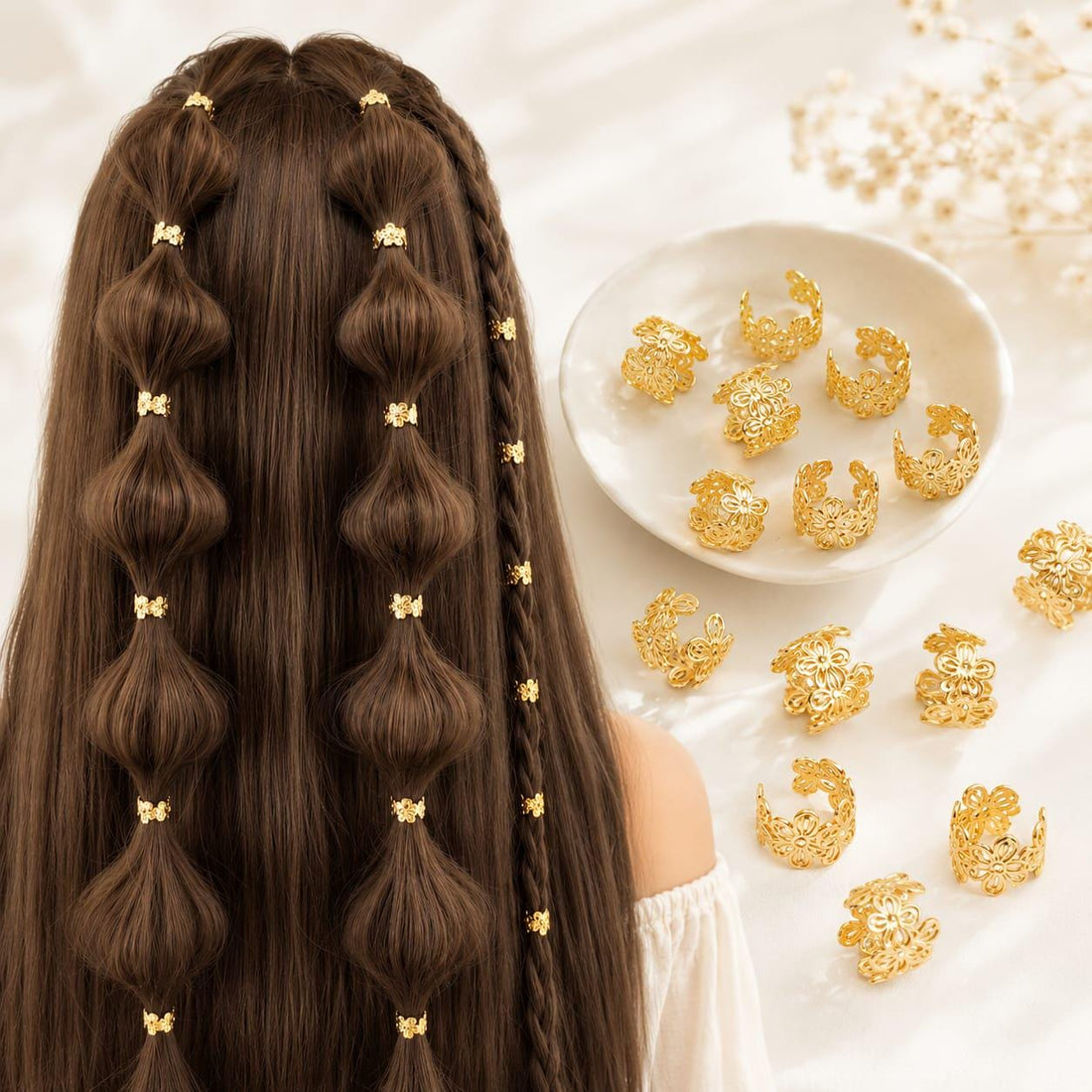 Viking Ring - Loc Jewelry Hair Braid Rings 40PCS Set, Dreadlock Jewelry, Gold Flower Hair Cuffs