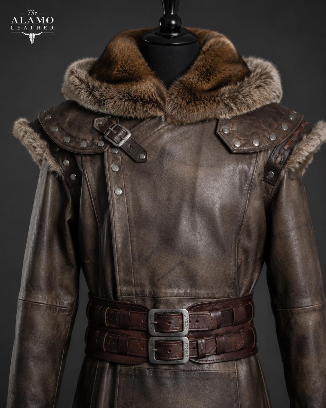 Viking Jacket - Viking Jarl Leather Coat Men Fur Collar Norse Warrior Medieval Fantasy Cosplay