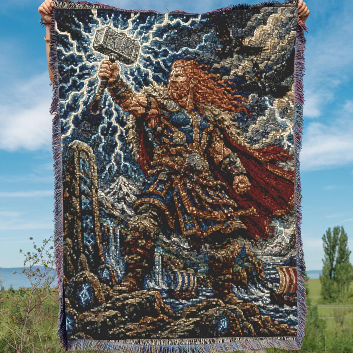 Viking Blanket - Epic Viking Warrior 100% Cotton Woven Blanket, Norse Mythology Home Decor Throw