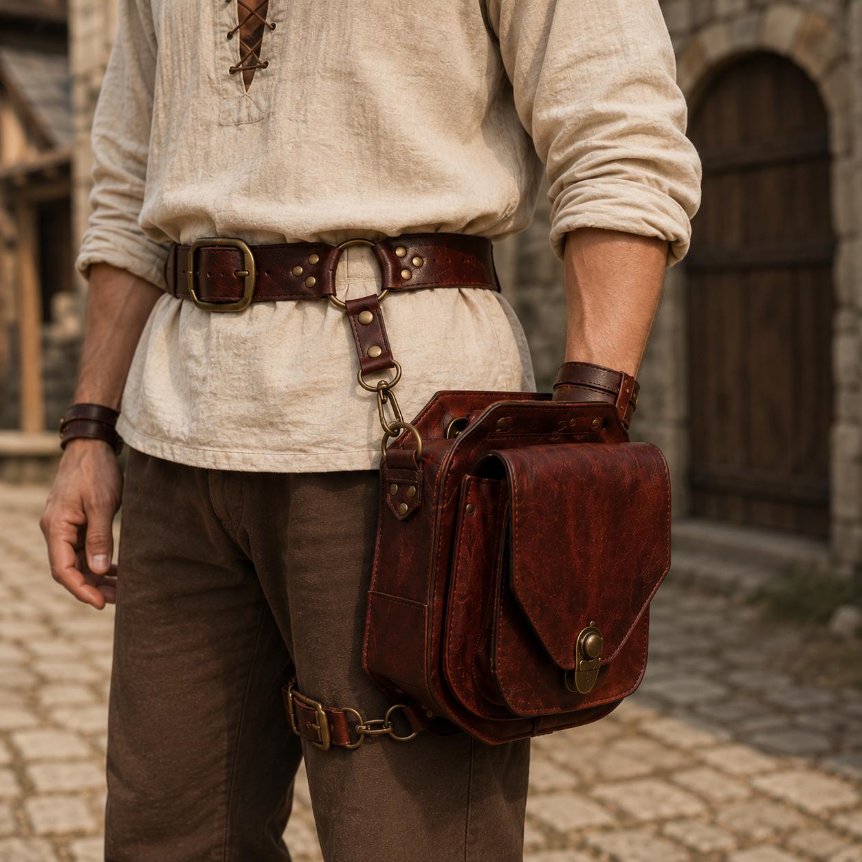 Viking Costume & LARP - Medieval Belt with Pouches for Men, Viking Leather Waist Bag Set