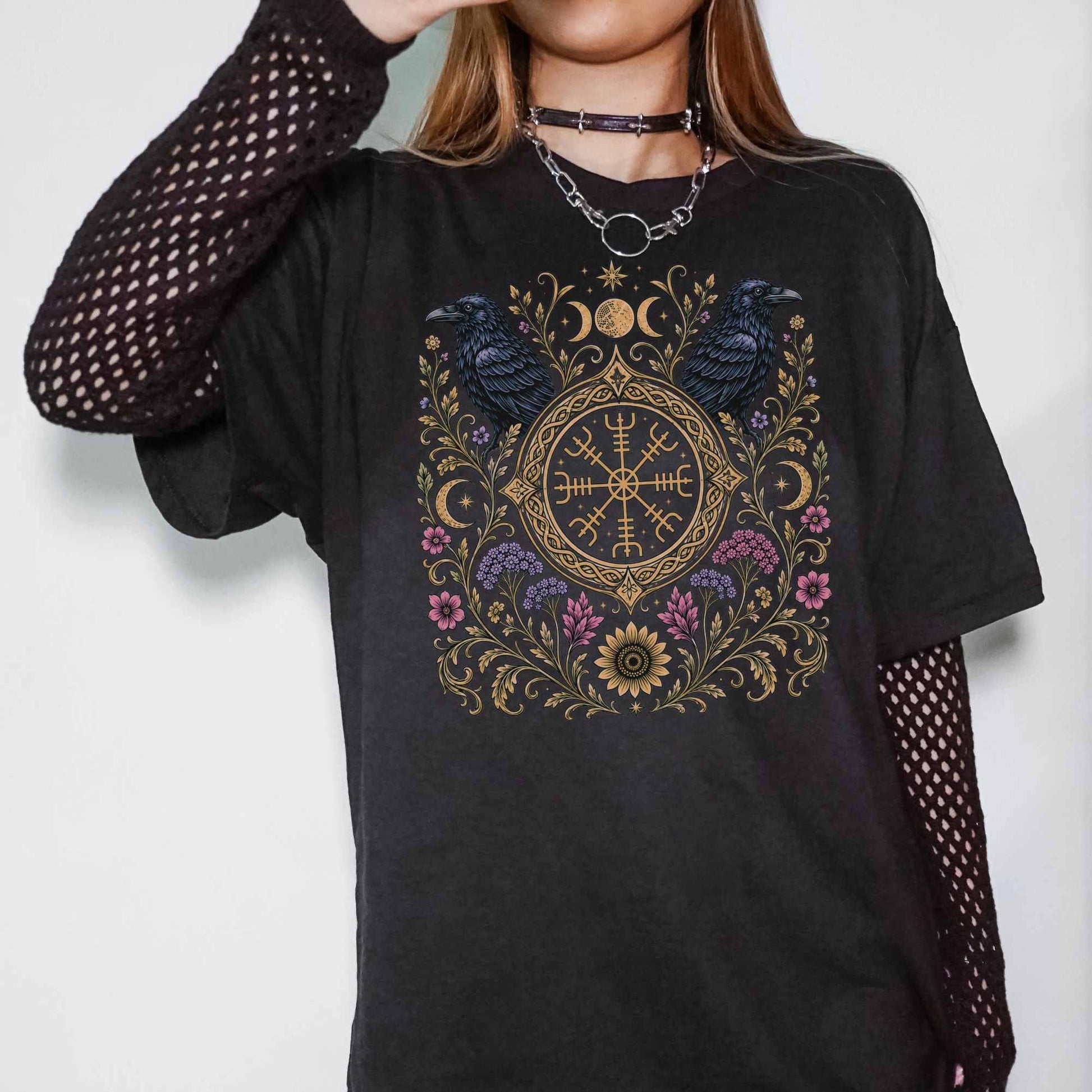 Viking Odin T-Shirt - Viking Raven Vegvisir Nordic T-shirt, Wayfinder Compass Bohemian Ravens Odin
