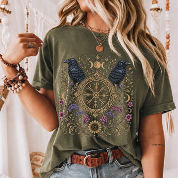 Viking Odin T-Shirt - Viking Raven Vegvisir Nordic T-shirt, Wayfinder Compass Bohemian Ravens Odin