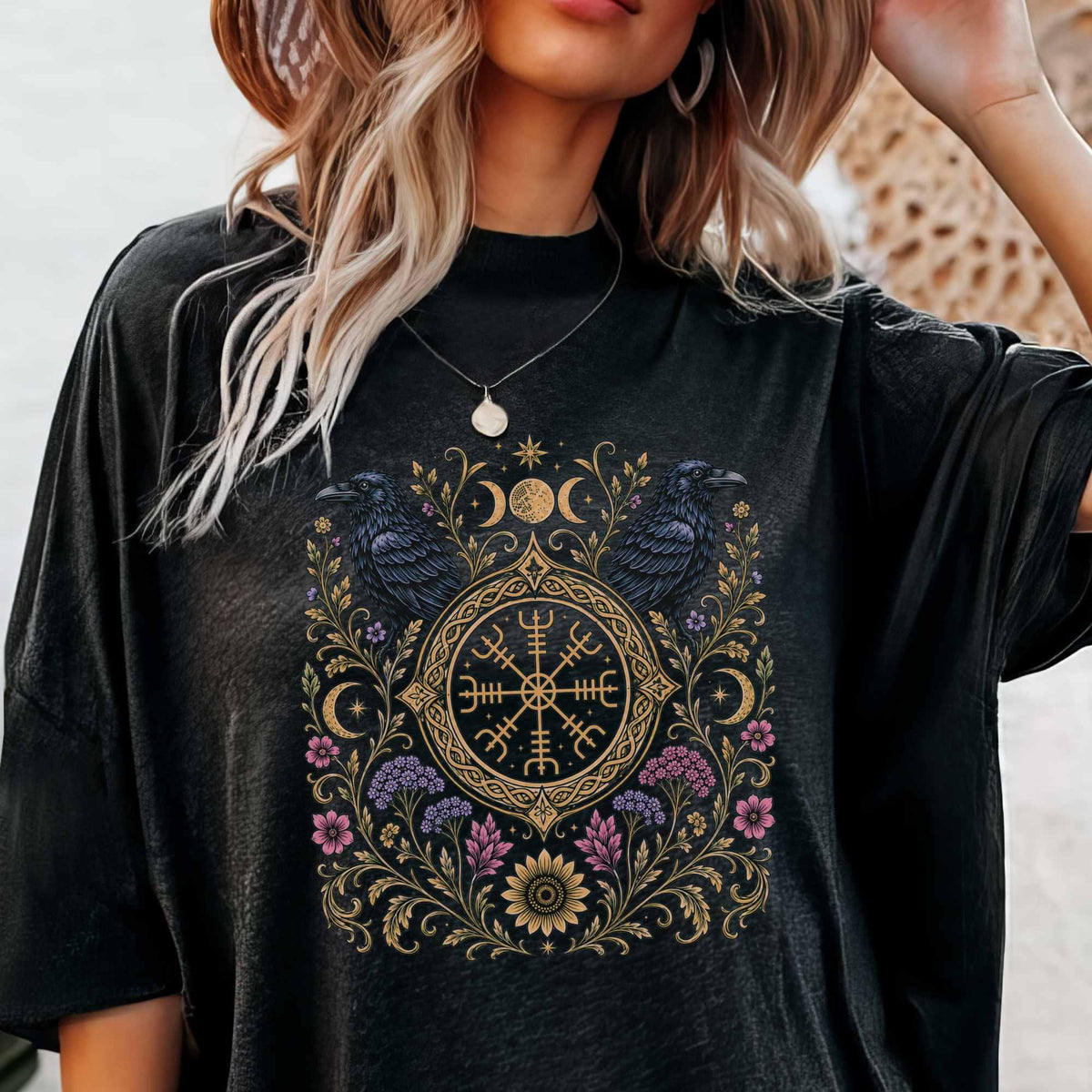Viking Odin T-Shirt - Viking Raven Vegvisir Nordic T-shirt, Wayfinder Compass Bohemian Ravens Odin