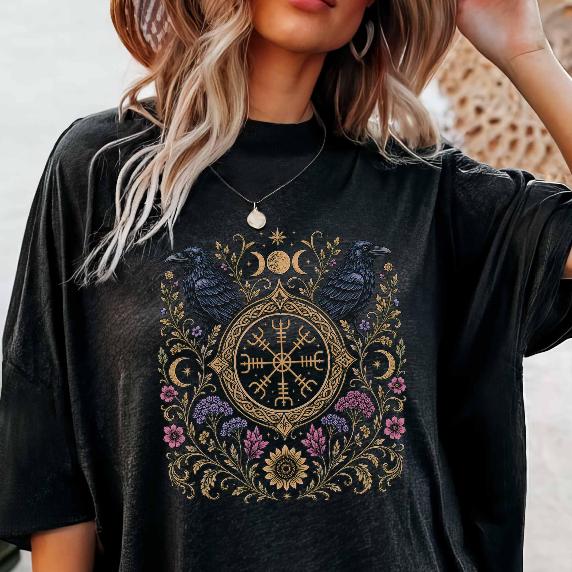 Viking Odin T-Shirt - Viking Raven Vegvisir Nordic T-shirt, Wayfinder Compass Bohemian Ravens Odin