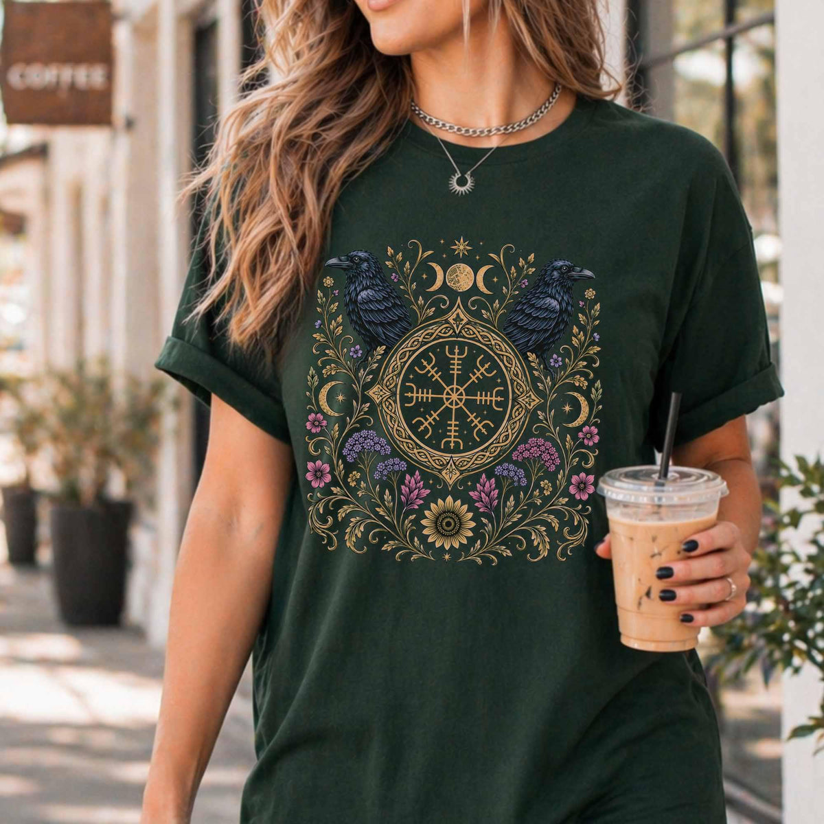 Viking Odin T-Shirt - Viking Raven Vegvisir Nordic T-shirt, Wayfinder Compass Bohemian Ravens Odin