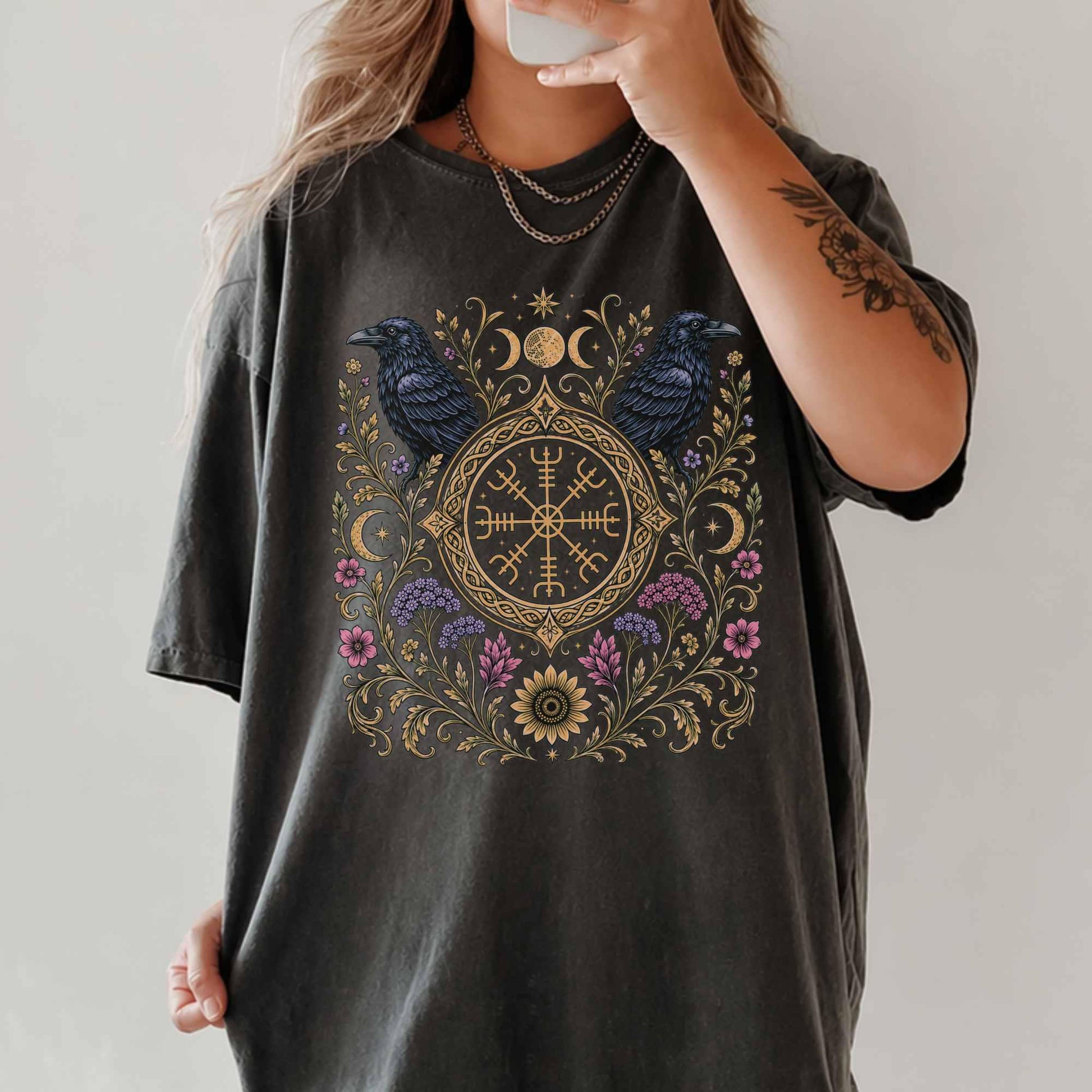Viking Odin T-Shirt - Viking Raven Vegvisir Nordic T-shirt, Wayfinder Compass Bohemian Ravens Odin