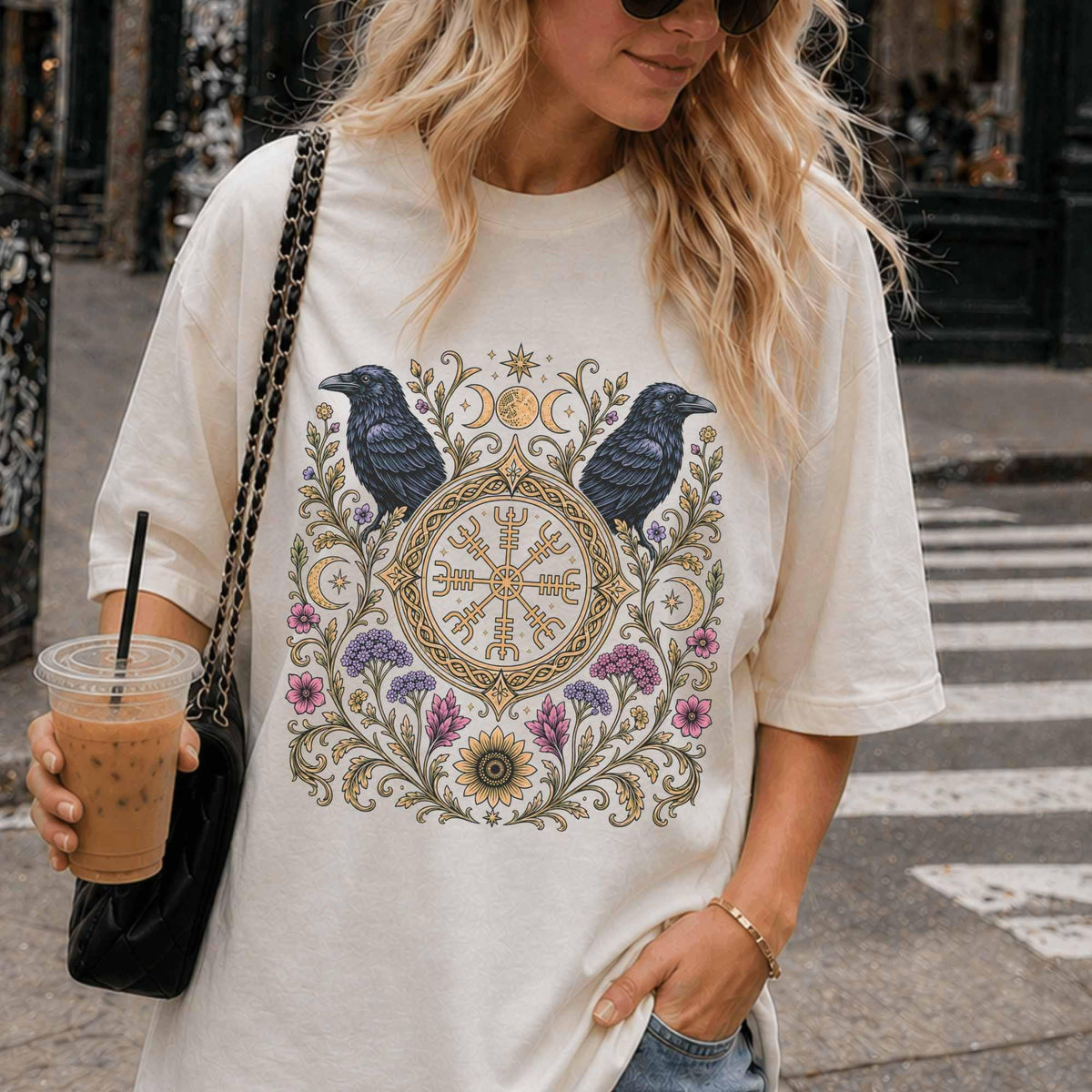 Viking Odin T-Shirt - Viking Raven Vegvisir Nordic T-shirt, Wayfinder Compass Bohemian Ravens Odin