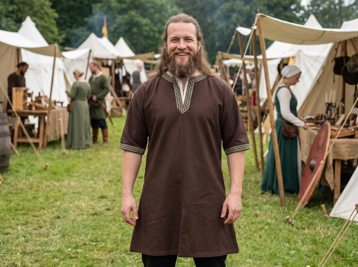 Viking T-Shirt - Green Viking tunic with leather details, Viking tunic for reenactment, LARP, and