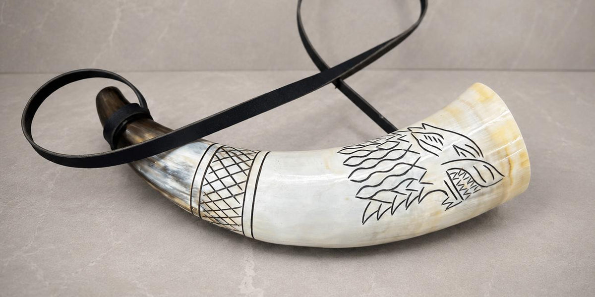 Viking Wolf Weapon Replica - Norse Viking War Horn, Handmade Engraved Wolf Ox Horn, Leather Strap