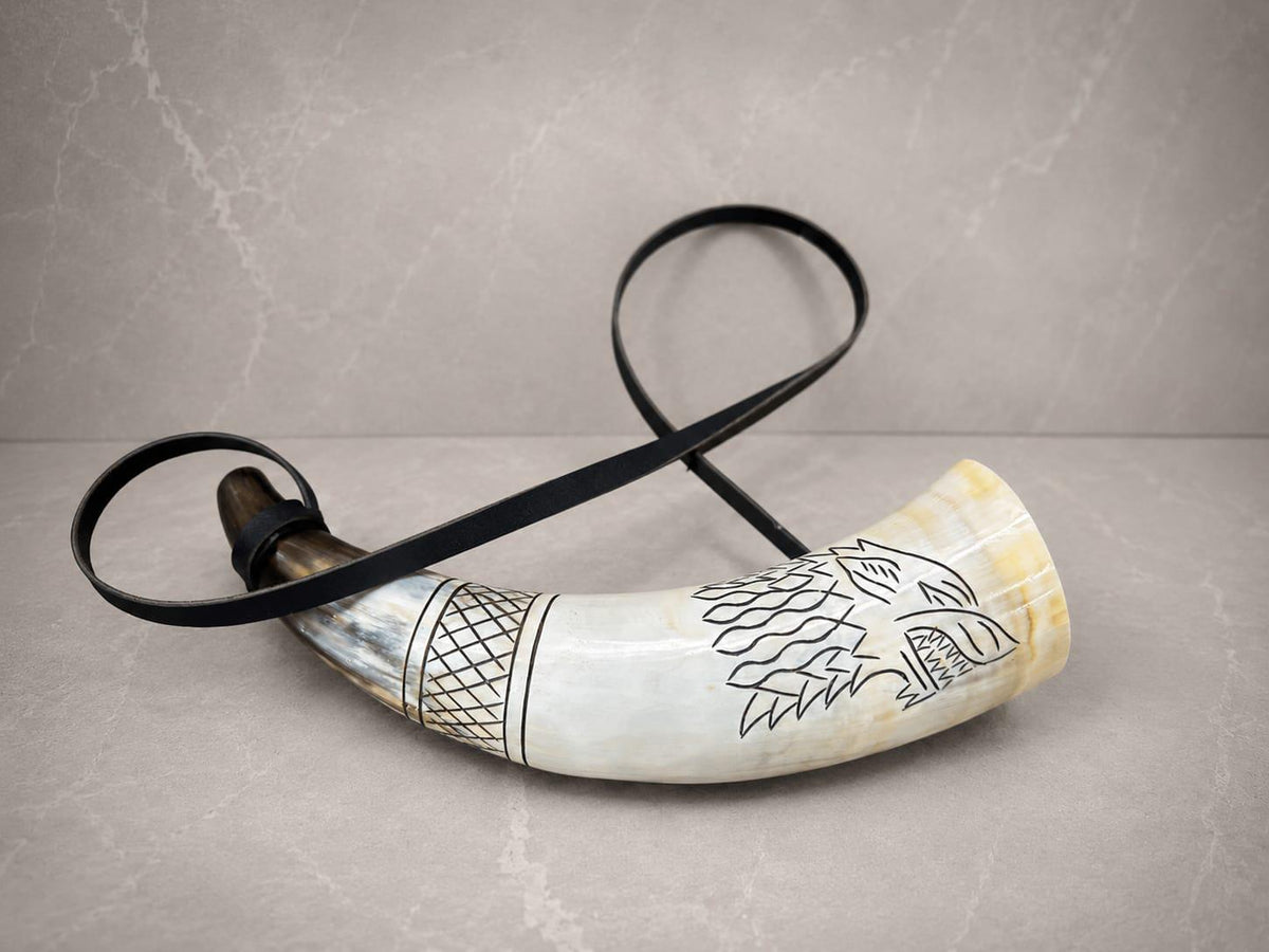 Viking Wolf Weapon Replica - Norse Viking War Horn, Handmade Engraved Wolf Ox Horn, Leather Strap
