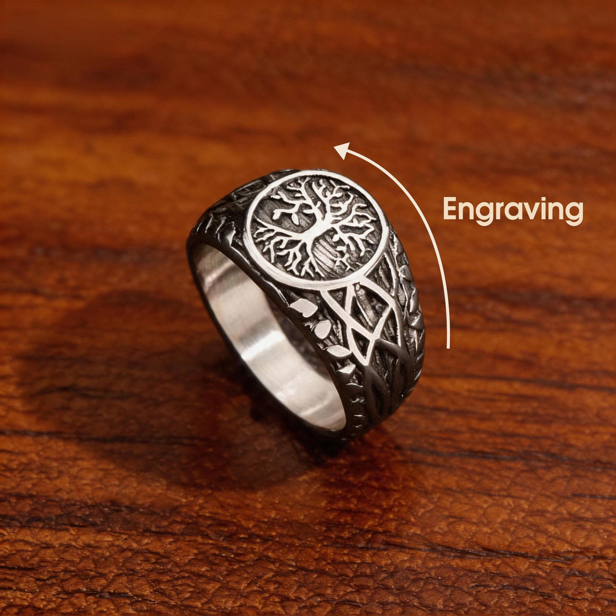 Viking Rune Ring - Viking Tree of Life Ring Mens Titanium Steel Celtic Knot Band Rustic Norse Rune