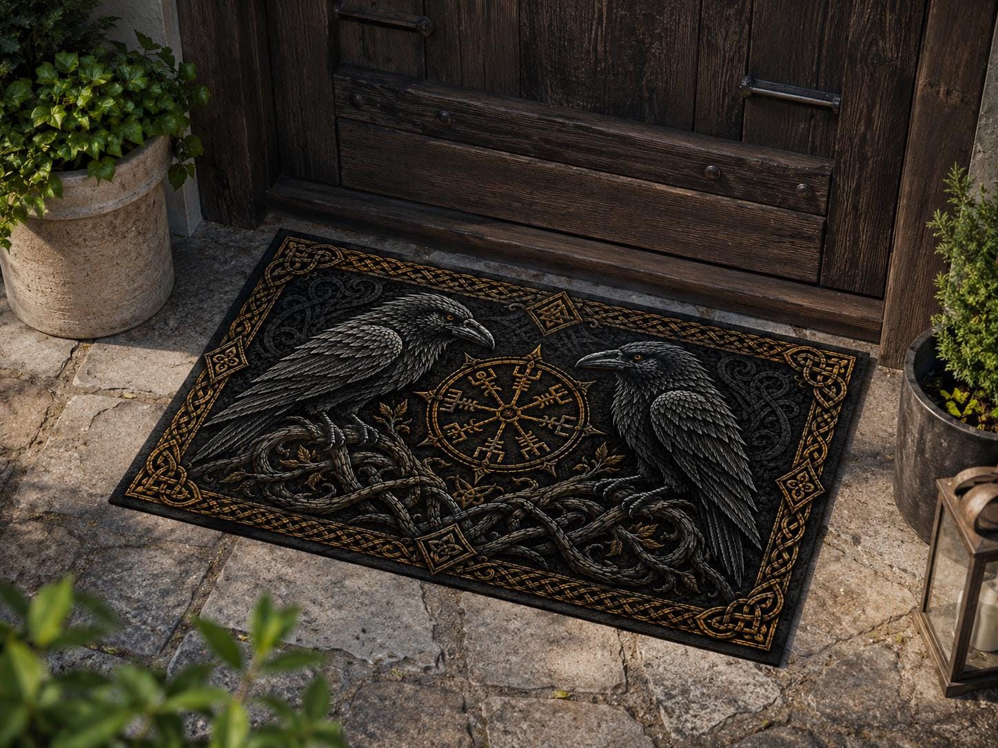Viking Odin Rug - Huginn Muninn Doormat, Odin Ravens Welcome Mat, Norse Vegvisir Decor, Viking
