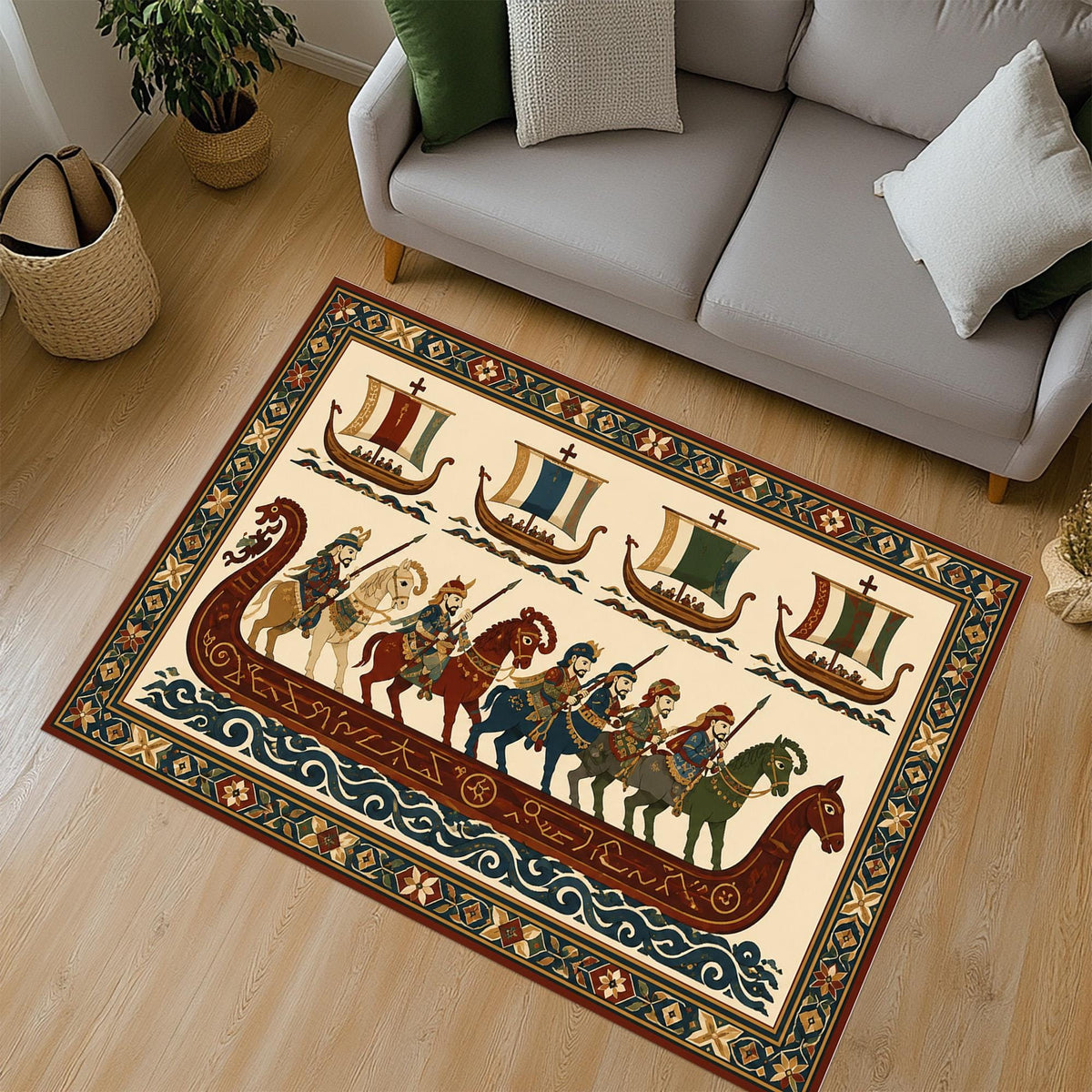 Viking Raven Rug - Viking Ship Rug: Norse Longship Carpet, Blue Ocean Waves, Celtic Raven Dragon