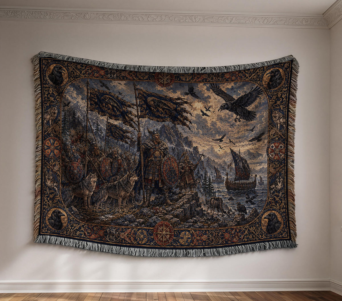 Viking Wolf Blanket - Viking Raven Woven Blanket, Norse Warrior Longship Tapestry Throw, Wolf