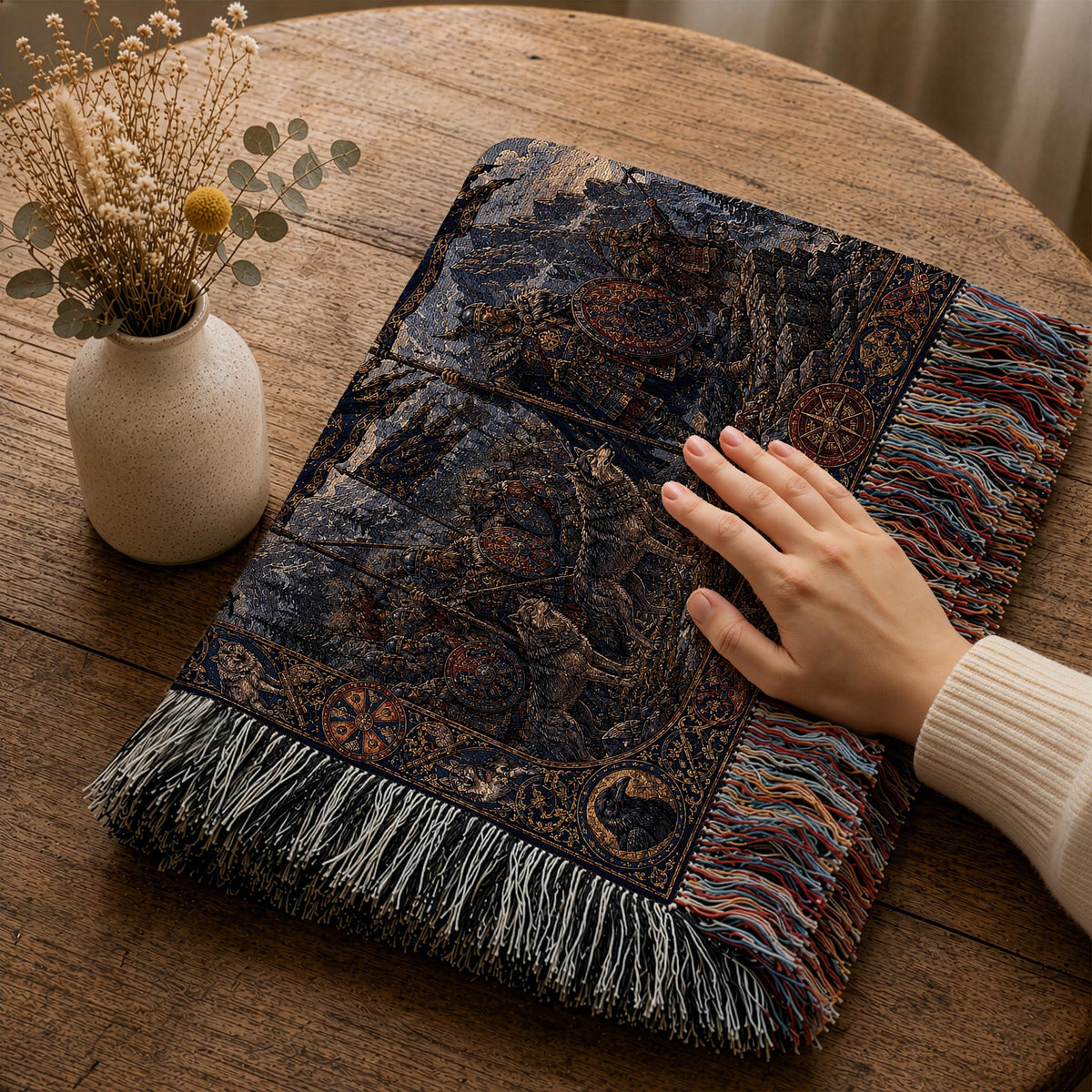 Viking Wolf Blanket - Viking Raven Woven Blanket, Norse Warrior Longship Tapestry Throw, Wolf