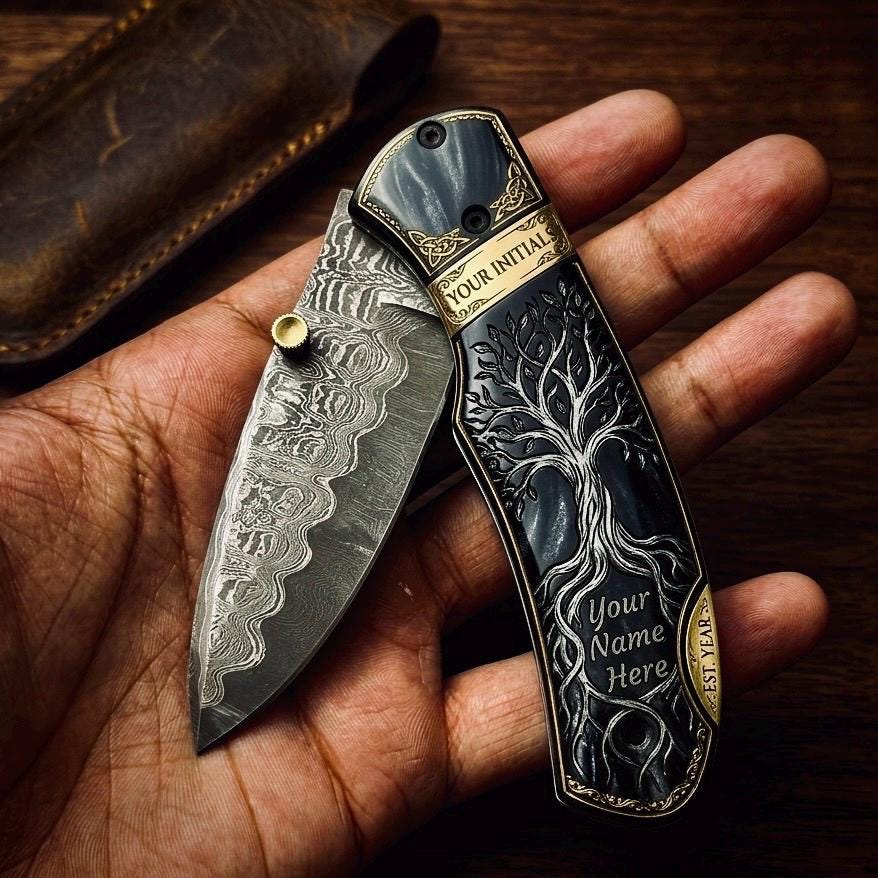 Viking Weapon Replica - Viking Engraved Folding Pocket Tool, Carved Rosewood Handle, 440C Steel